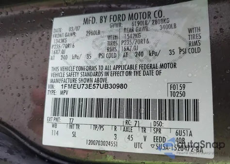 2007 Ford Explorer Xlt from USA, damaged, VIN 1FMEU73E57UB30980